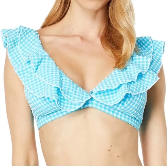 Lilly Pulitzer Arlin Bikini Top Crinkle Gingham Swim Turquoise Oasis 12 - Picture 1 of 6